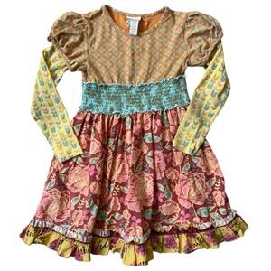 Matilda Jane Long Sleeve Multi Print Dress Ruffle Yellow Green Red Blue Girl's 8